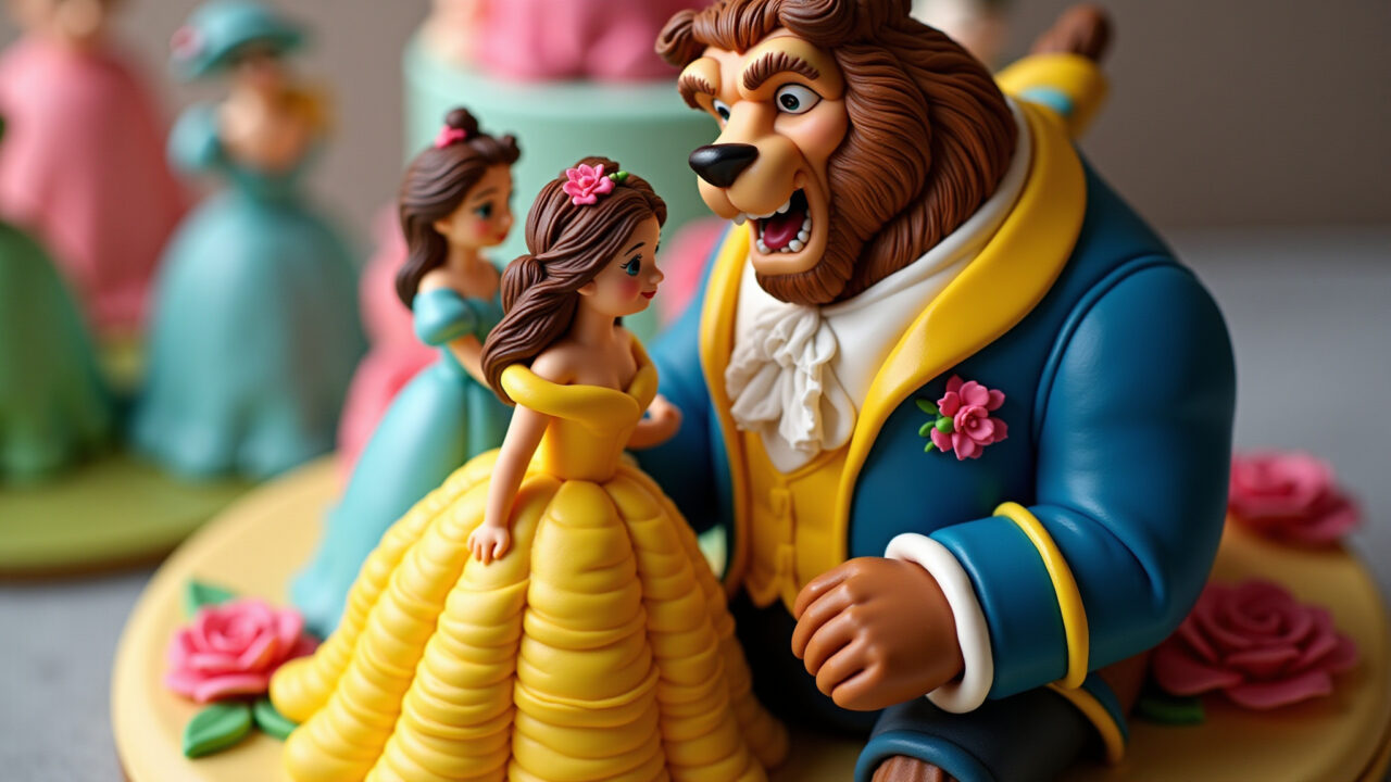 Bolo A Bela e a Fera com pasta americana e personagens modelados.