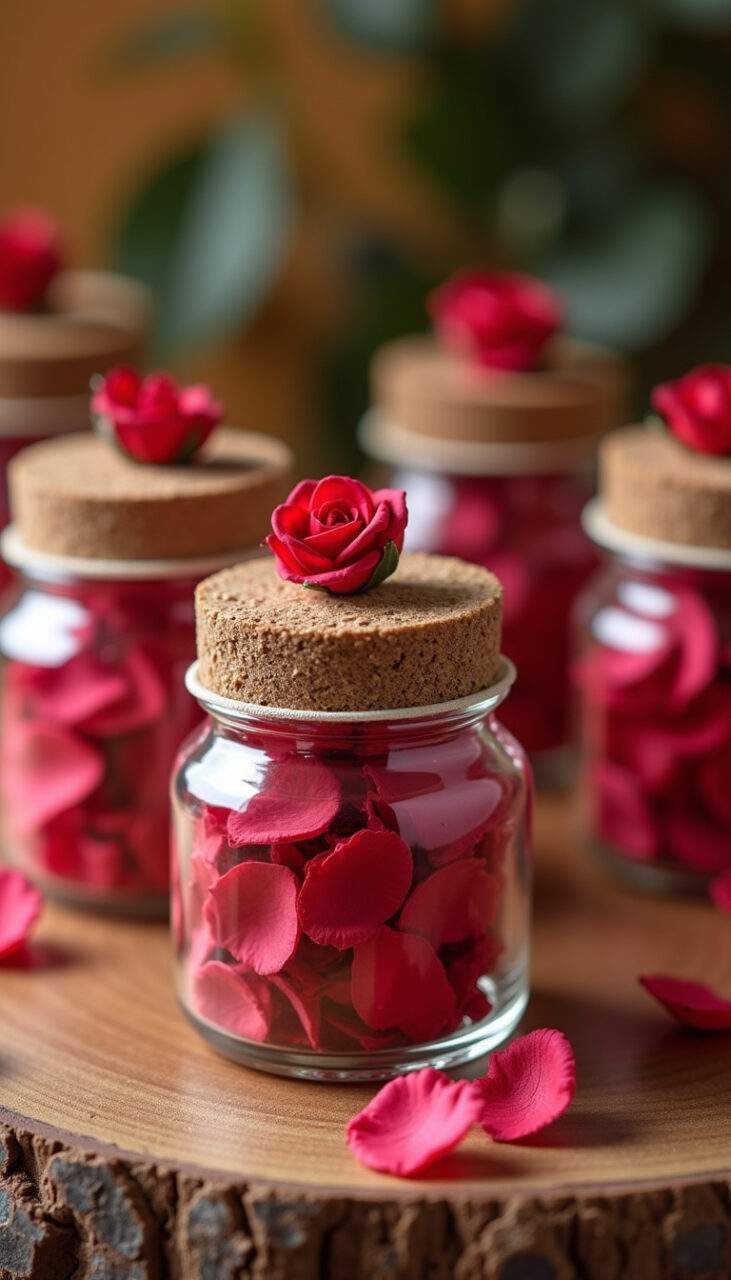 Beauty and the Beast themed favors, rose petals in jars, enchanted rose miniatures, scented Lembrancinhas temáticas para festa A Bela e a Fera: pétalas de rosa, miniaturas e sachês.