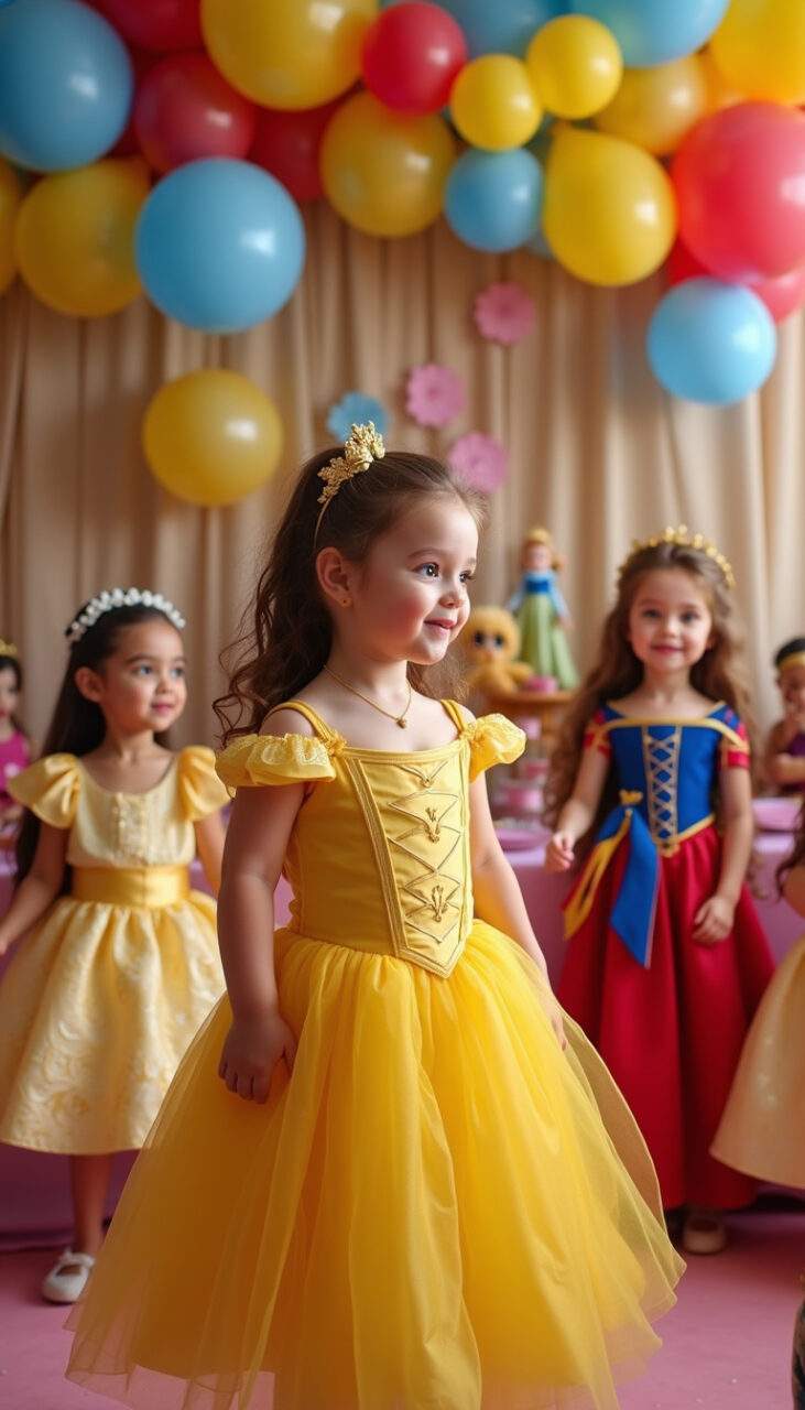 Beauty and the Beast themed kids party, vibrant colors, balloons, character dolls, treasure hunt, Festa infantil A Bela e a Fera com cores vibrantes, balões e bonecos.