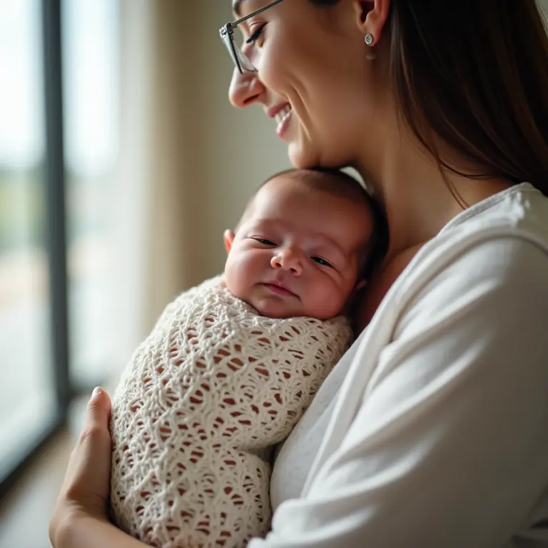 Bebê recém-nascido enrolado em manta de crochê saindo da maternidade.