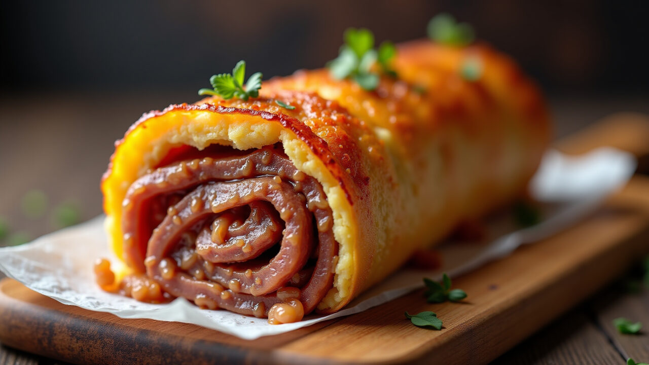 Beef roll with bacon, professional photography, 8k quality, sharp focus, natural lighting, Bife enrolado com bacon, receita irresistível.