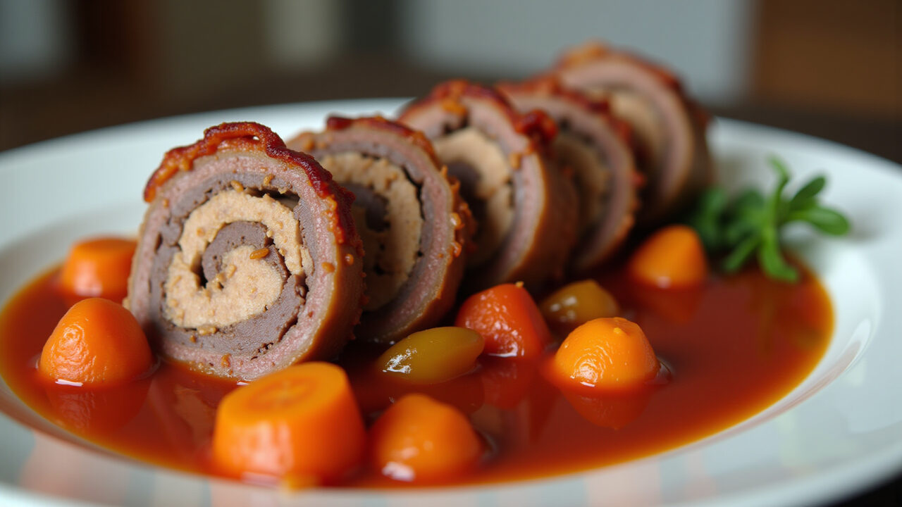 Beef roulade with bacon, carrots, peppers, tomato sauce, professional photography, 8k quality, Bife à rolê, receita da vovó.