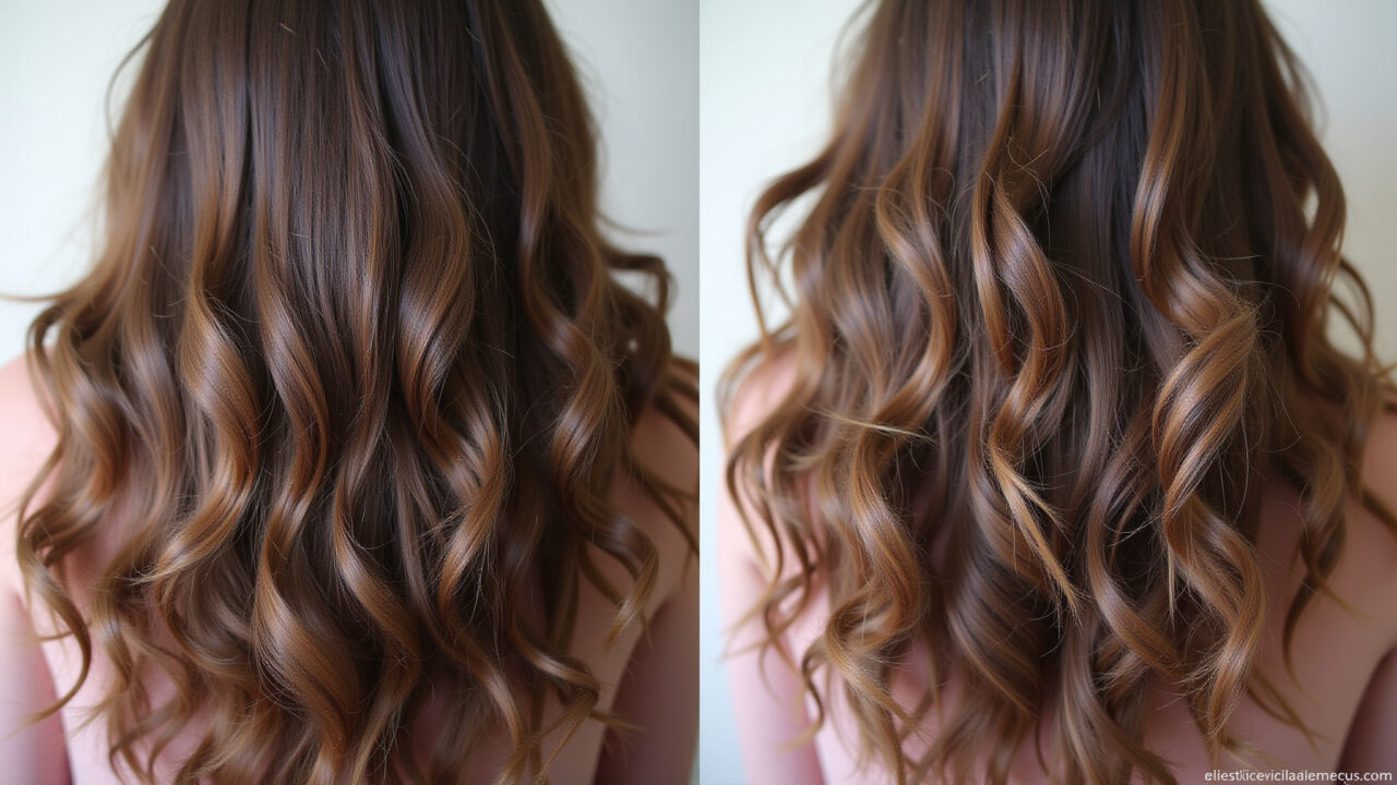 Before and after shot of hair treated with okra, showing increased shine and reduced frizz. Cabelo com quiabo antes e depois: resultados visíveis.