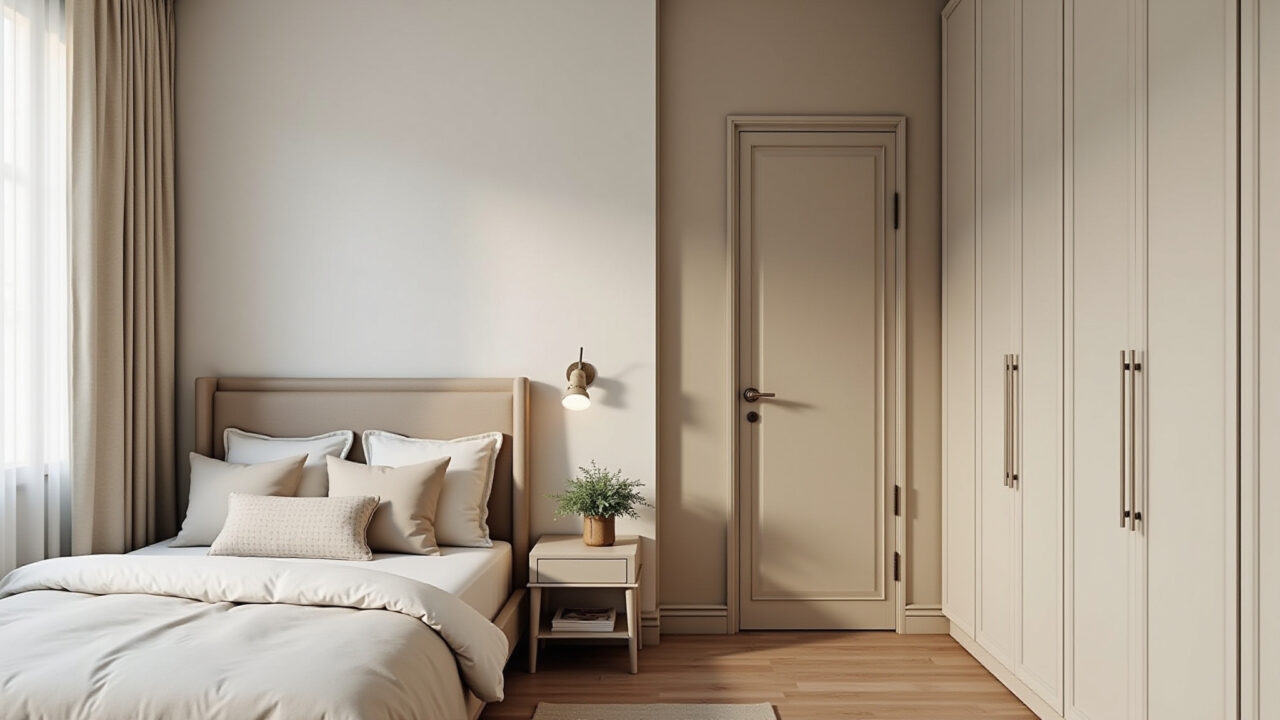 Beige bedroom, functional furniture, clean lines, organized space, natural textures, minimalist Quarto clean com móveis funcionais e design minimalista.