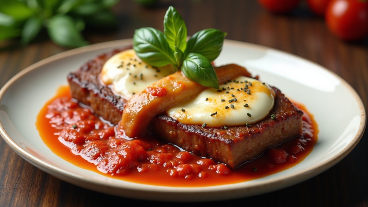 Bife à parmegiana with melted mozzarella, tomato sauce, basil, professional photography, 8k Bife à parmegiana, um clássico da culinária.