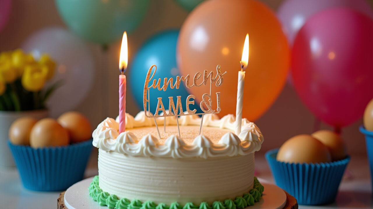 Birthday cake with funny short quote on top. Party setting, bright colors, Brazilian style, 8k Bolo de aniversário com frase curta e divertida.
