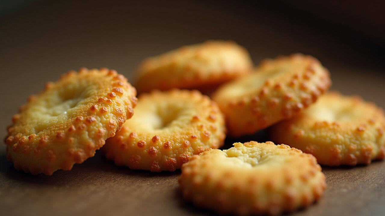 Biscoito de Polvilho, professional photography, 8K, crunchy, natural lighting, brazilian snack, Biscoito de polvilho azedo assado, leve e crocante.