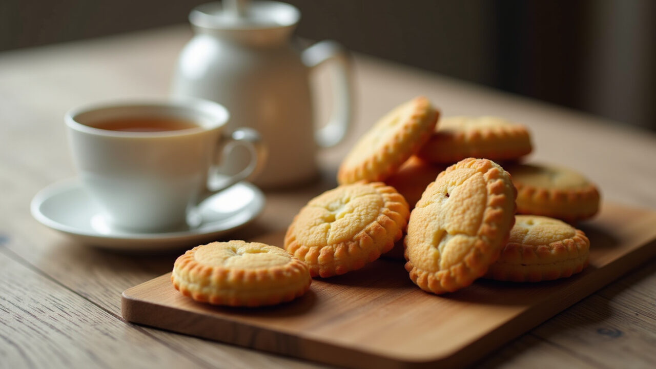 Biscoitos de leite em pó arranged on a wooden board, next to a cup of tea, professional Biscoitos de leite em pó em tábua de madeira com chá.