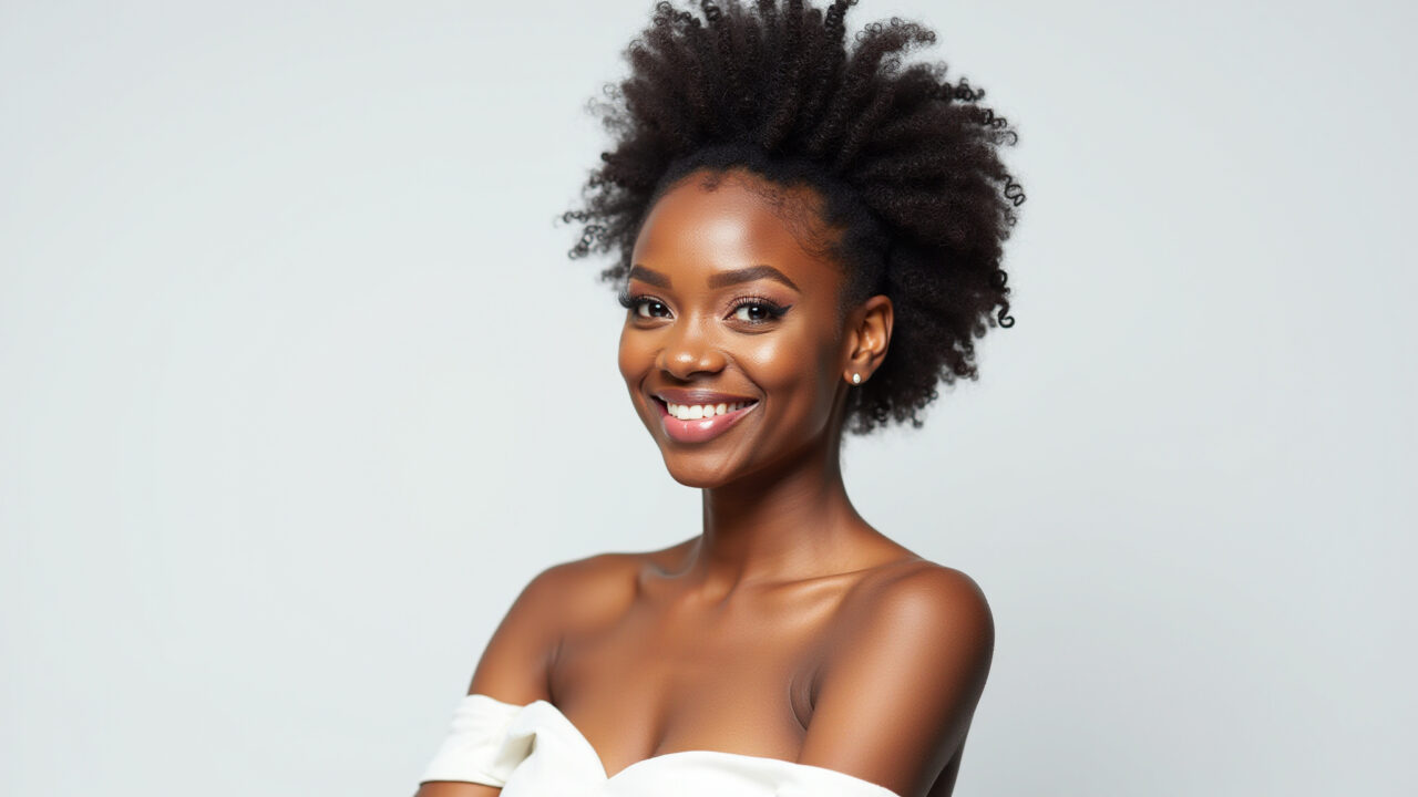 Maquiagem intensa para pele negra com vestido branco.