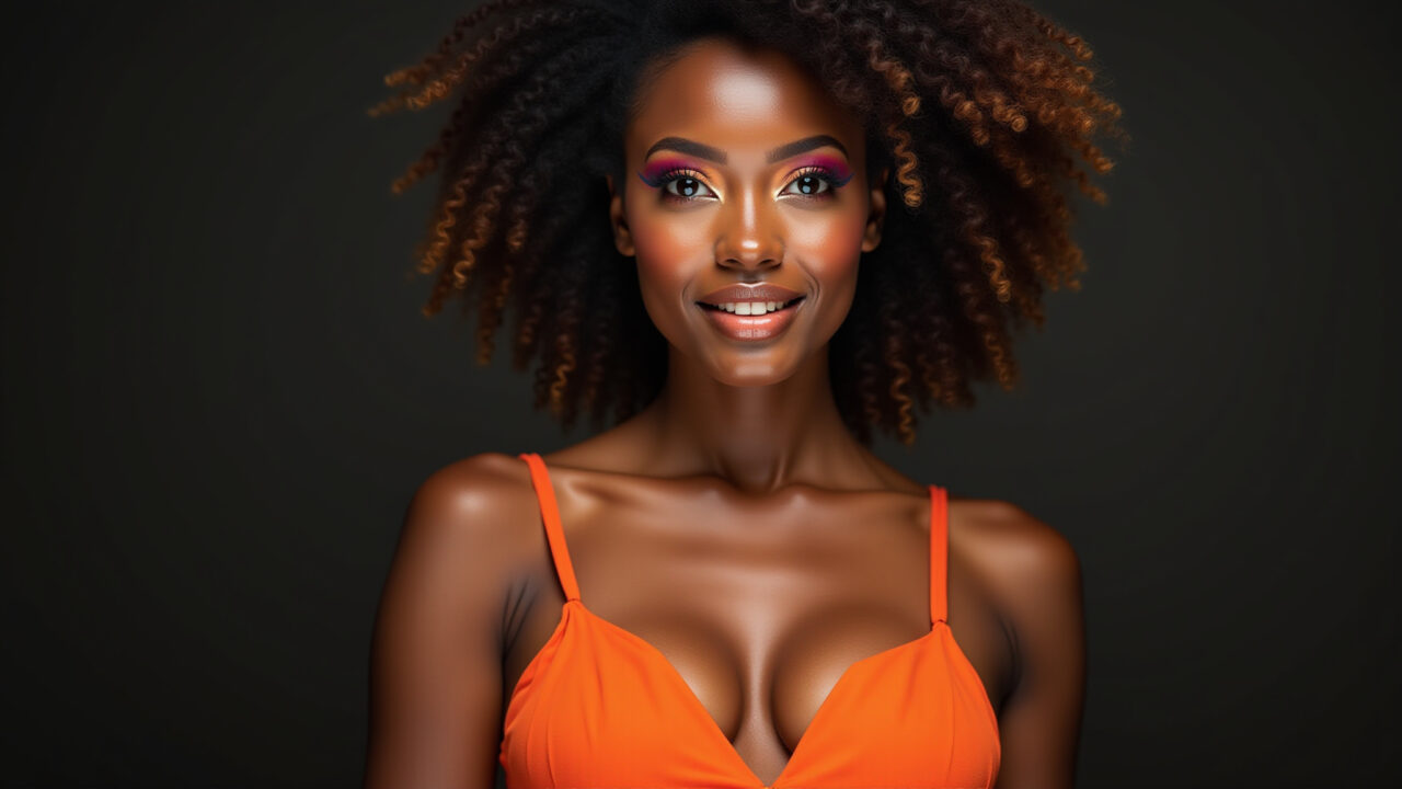 Maquiagem vibrante e iluminada para pele negra com vestido laranja.