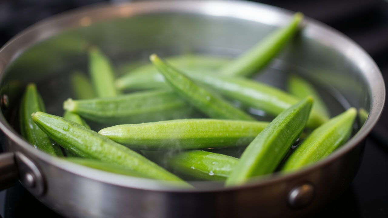 Blanching okra in boiling water, professional photography, 8K quality, sharp focus, steam. Branqueamento do quiabo em água fervente.