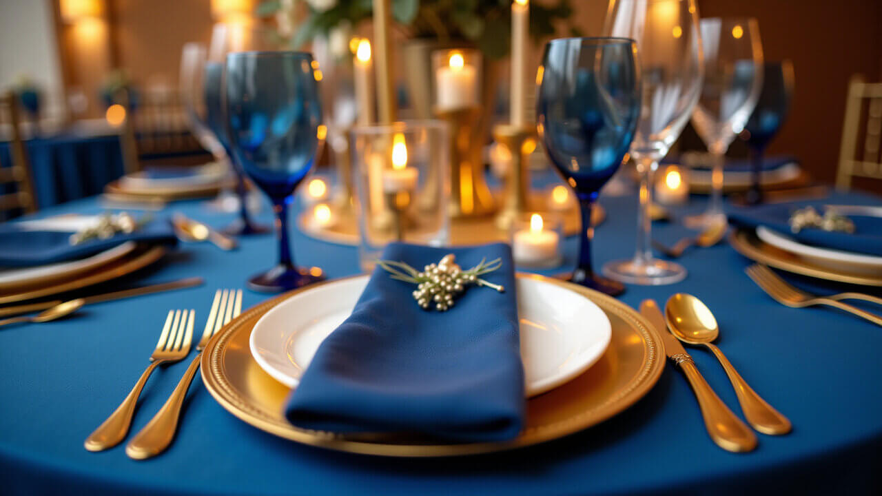 Decoração de casamento azul e dourado luxuosa.