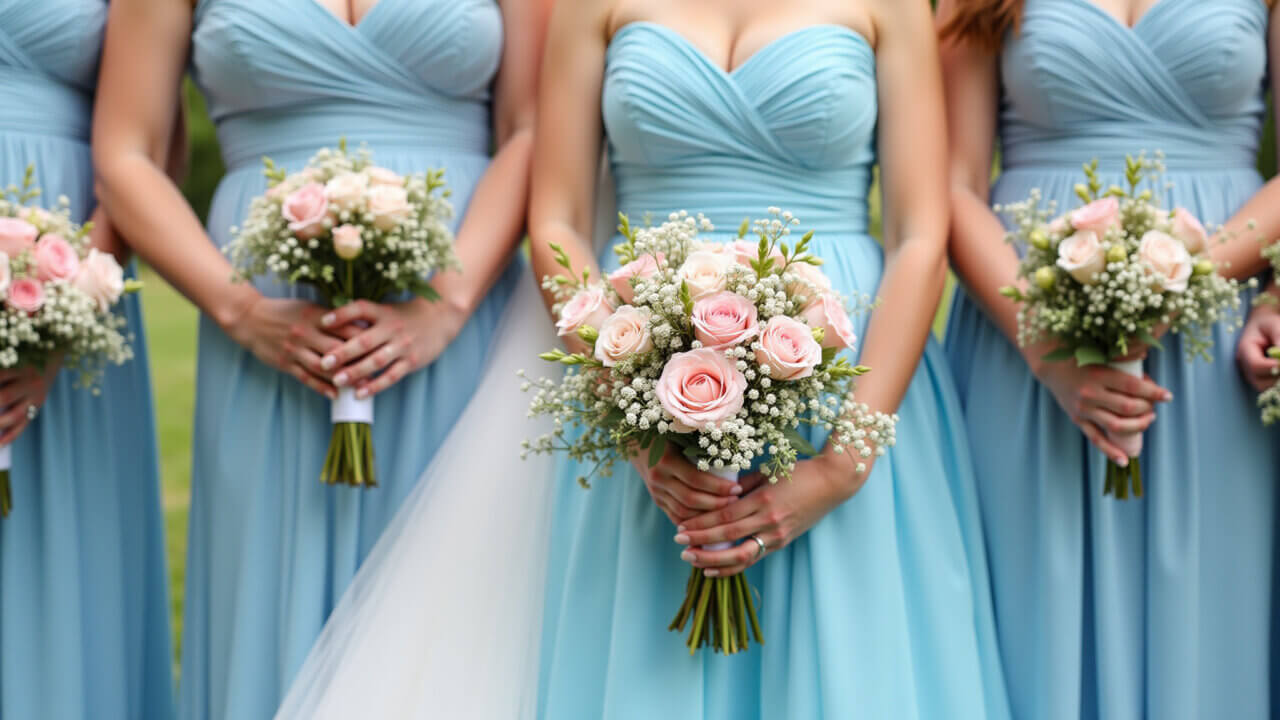 Casamento azul e rosa com arranjos florais românticos.