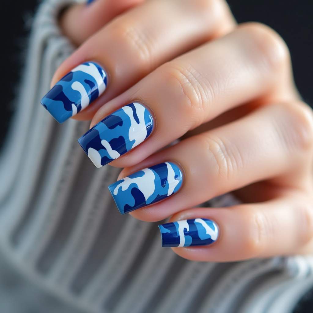 Blue camouflage nail art, modern design, white accents, professional photography, 8K quality, sharp Unha camuflada azul moderna e descolada.