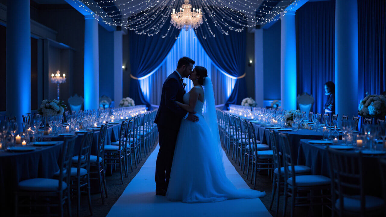 Casamento azul à noite com luzes de fada e tecidos elegantes.