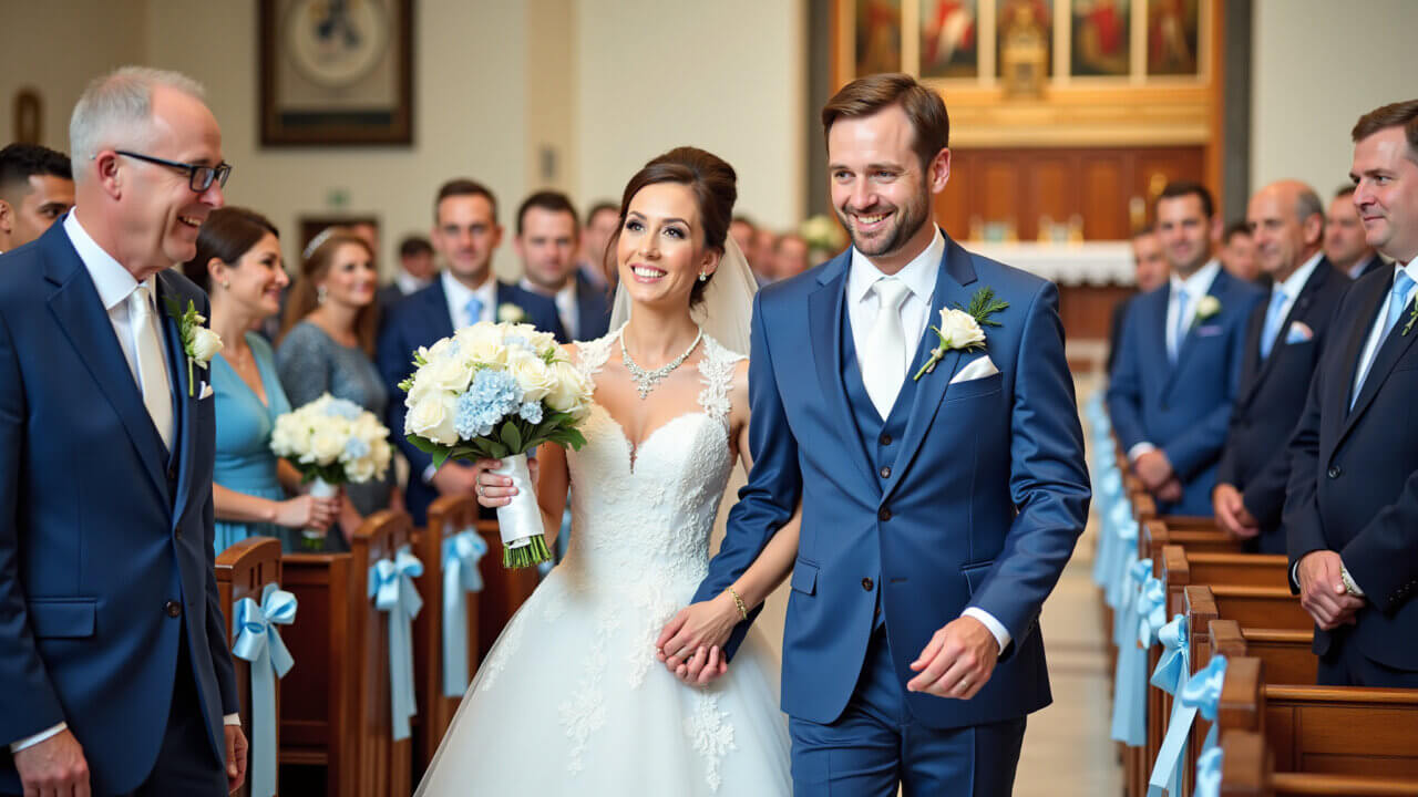 Decoração de casamento azul na igreja com flores brancas.
