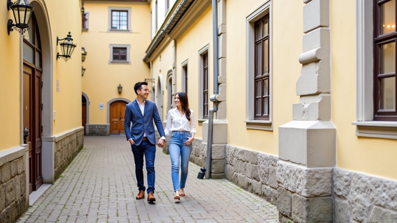 Blumenau honeymoon, couple walking through historic German architecture, holding hands. Casal em Blumenau apreciando a arquitetura alemã.