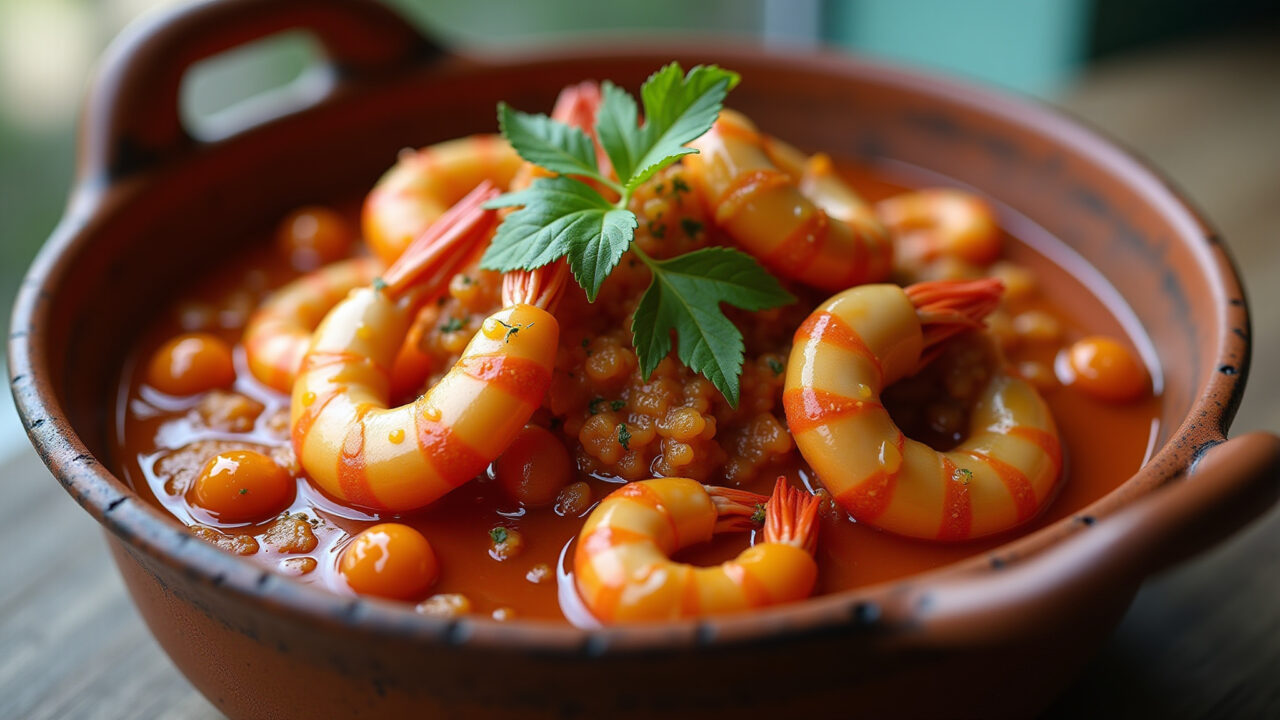 Bobó de camarão in a rustic clay pot, vibrant colors, coentro garnish, azeite de dendê drizzle, Bobó de camarão cremoso servido em panela de barro.