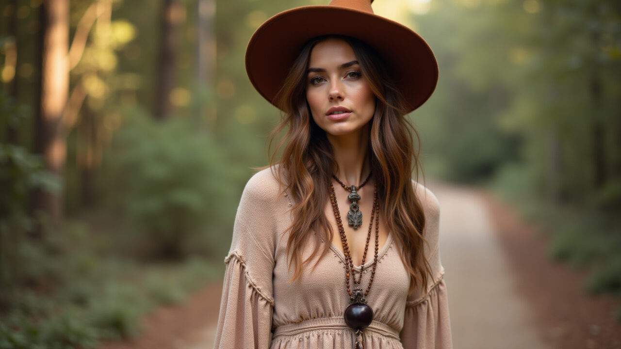 Boho witch Halloween costume, long flowy dress, felt hat, natural jewelry, earthy tones, modern Look de Halloween boho: vestido longo, chapéu, acessórios naturais.