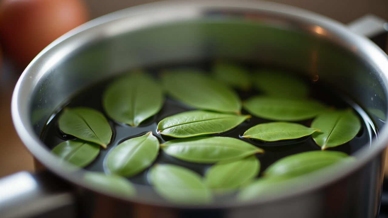 Boldo leaves steeping in hot water, close-up shot, focus on the leaves, Brazilian-style kitchen, Chá de boldo para melhorar a digestão e desintoxicar.