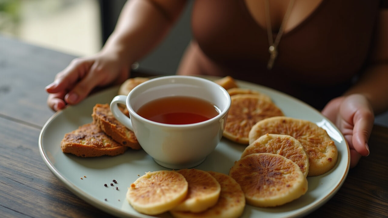 Boldo tea in a cup, Brazilian woman in her 30s after a heavy meal, comforting atmosphere, natural Xícara de chá de boldo.