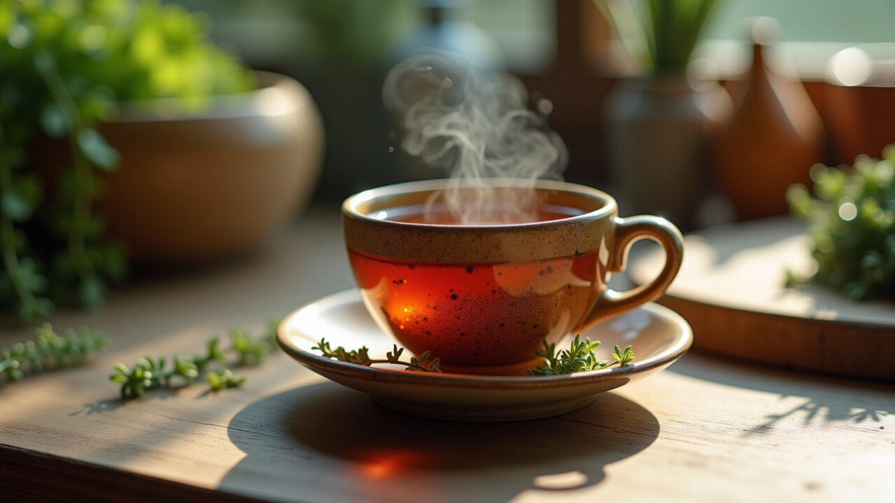 Chá de boldo em xícara rústica.