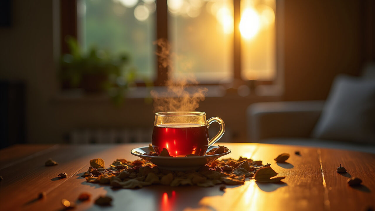 Boldo tea, leaves, warm light, cozy setting, professional photography, 8k, Brazilian home. Chá de boldo, digestivo e diurético.