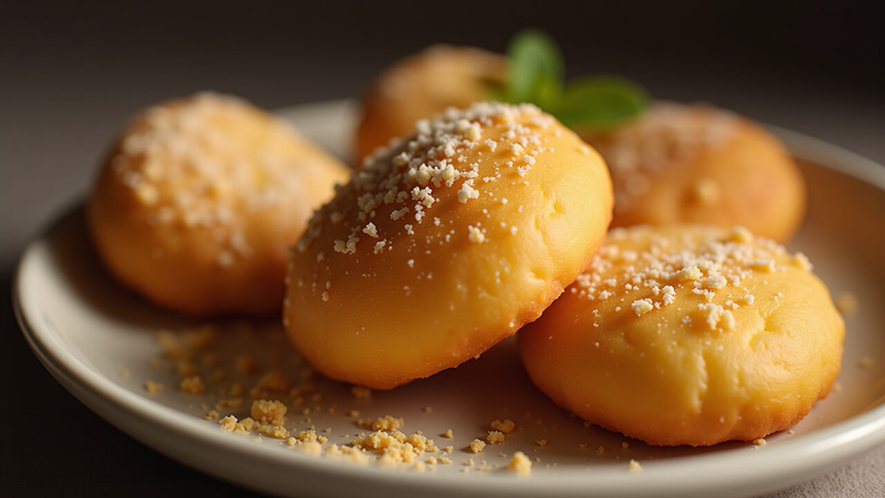 Bolinho de Chuva, professional photography, 8K, fluffy, natural lighting, brazilian snack, golden, Bolinho de chuva com polvilho azedo, receita afetiva para dias chuvosos.