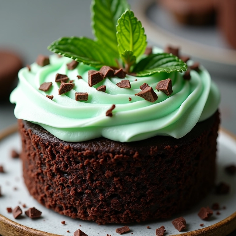 Bolo de chocolate com cobertura de hortelã-pimenta e raspas de chocolate.