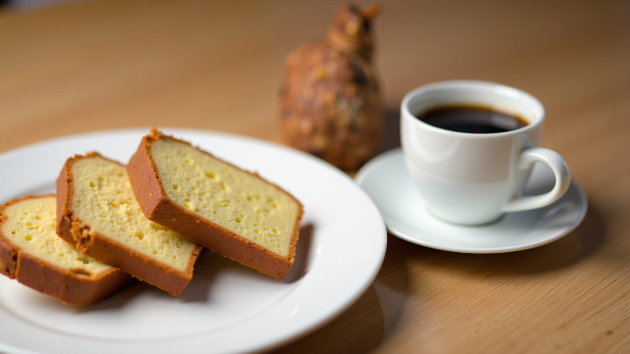 Bolo de leite em pó sliced on a plate, next to a cup of coffee, professional photography, 8K Fatia de bolo de leite em pó ao lado de um café.