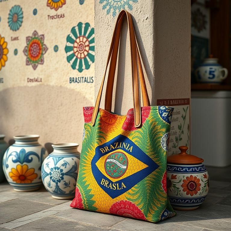 Bolsa tote estilosa de tecido brasileiro encostada em parede com cerâmica.