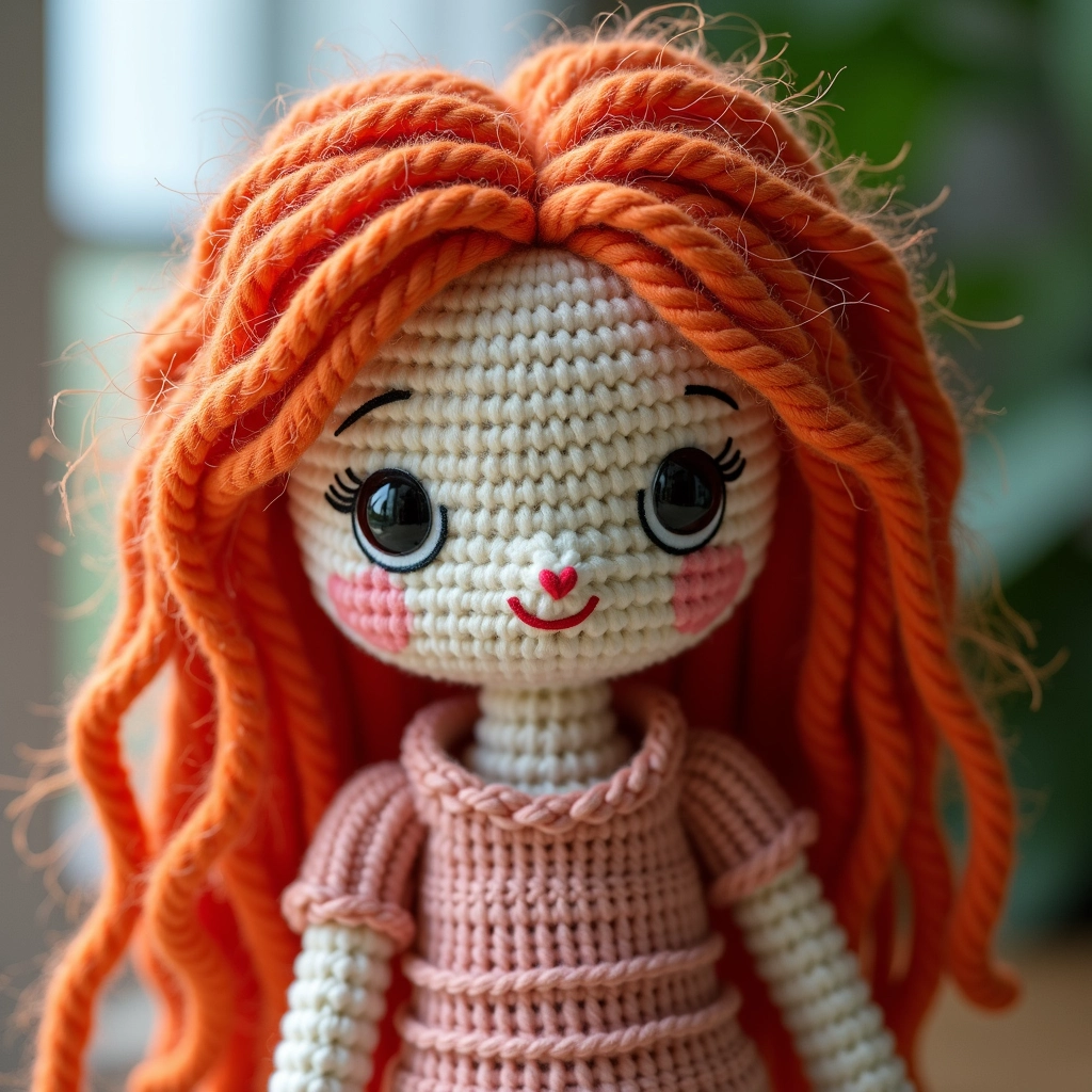 Boneca amigurumi com cabelo de lã texturizada em close-up.