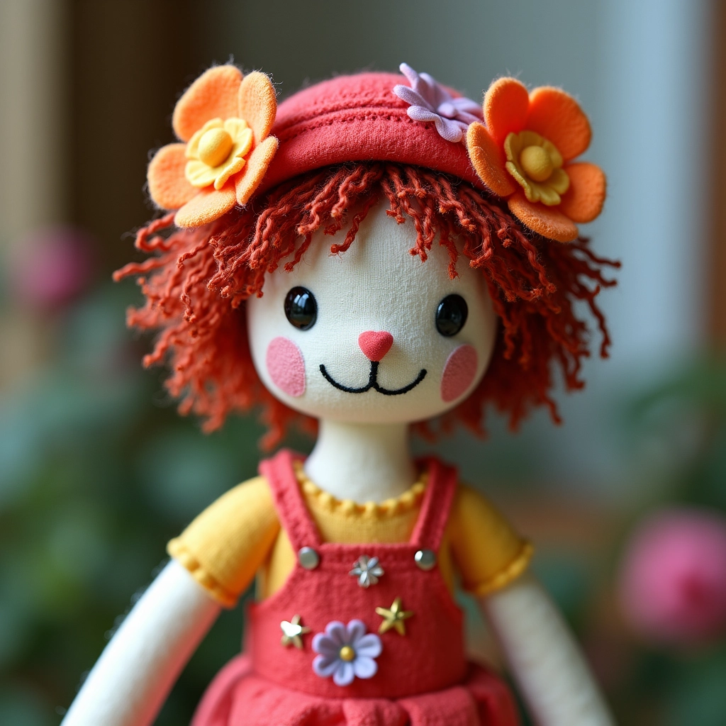 Boneca amigurumi com detalhes em feltro e flores.