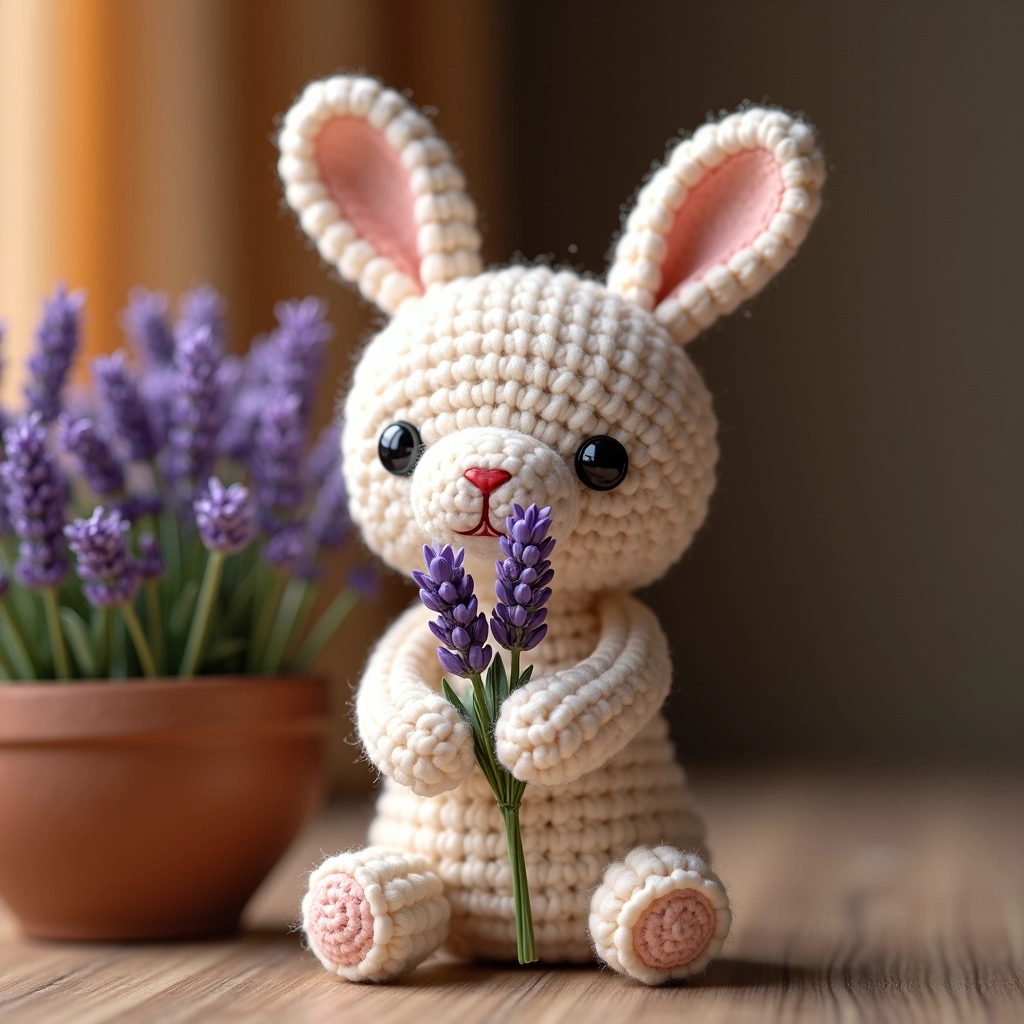 Boneca amigurumi com enchimento aromático de lavanda.