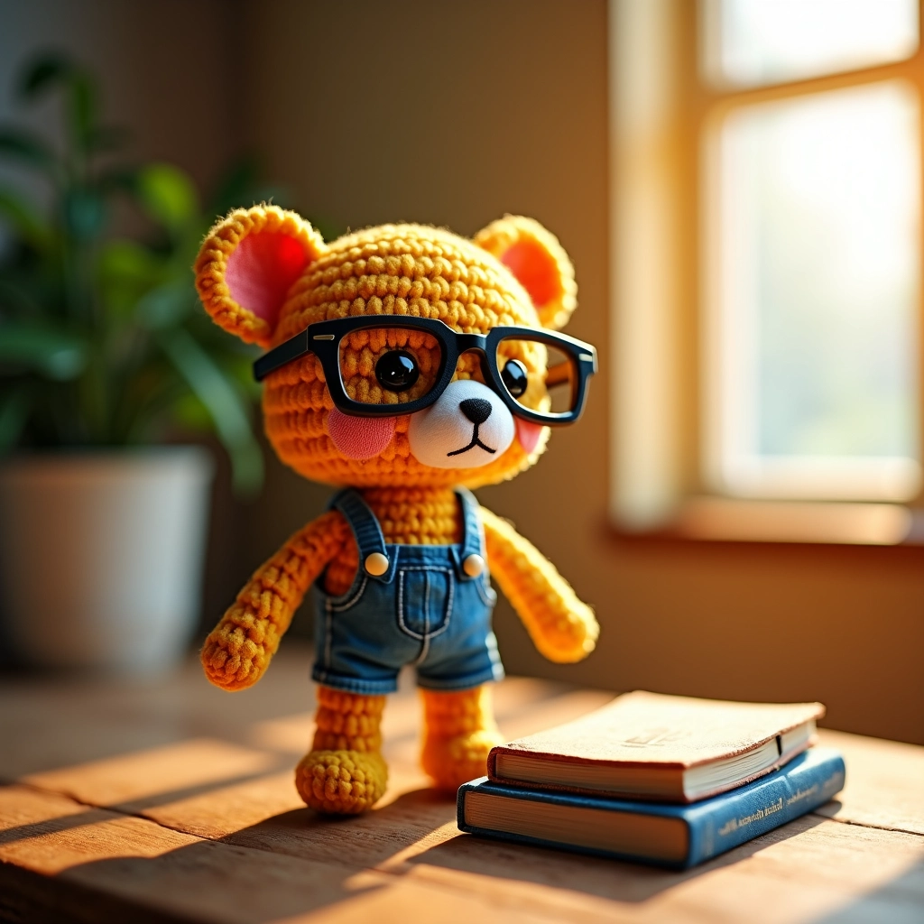Boneca amigurumi com óculos e livro em miniatura.