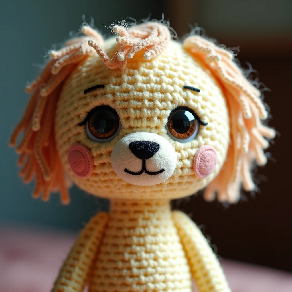 Boneca amigurumi com olhos bordados e expressão suave.