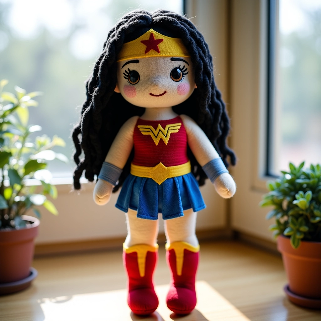 Boneca amigurumi inspirada na Mulher-Maravilha com pose dinâmica.