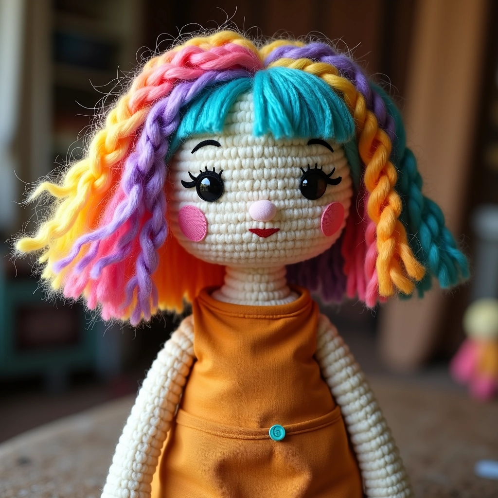 Boneca amigurumi personalizada com cabelo colorido e design exclusivo.