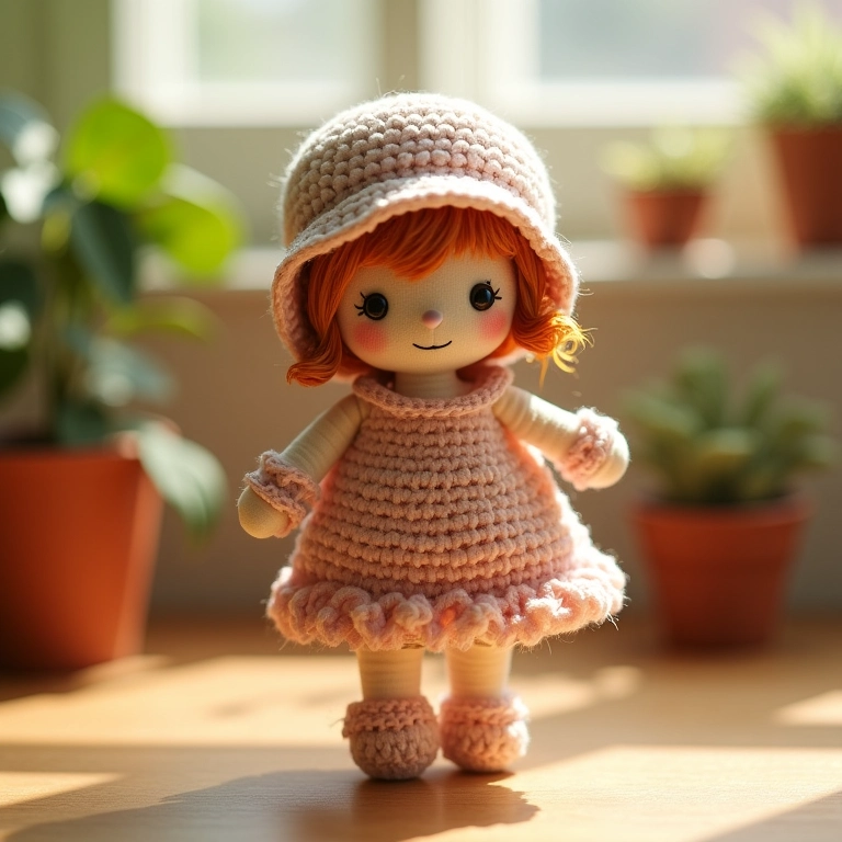 Boneca de amigurumi com roupas e acessórios.