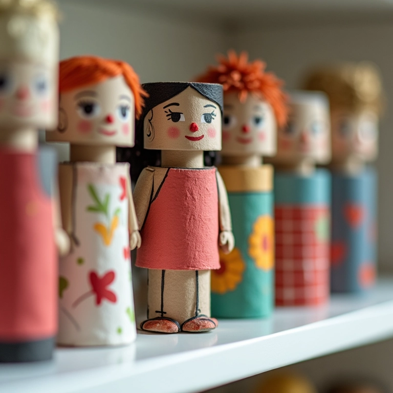 Bonecos feitos de rolos de papel higiênico, pintados e decorados.
