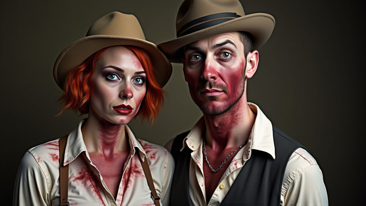 Bonnie and Clyde undead couple costume, period clothing, blood stains, zombie makeup, original, Fantasia temática de Halloween: Bonnie e Clyde mortos-vivos.