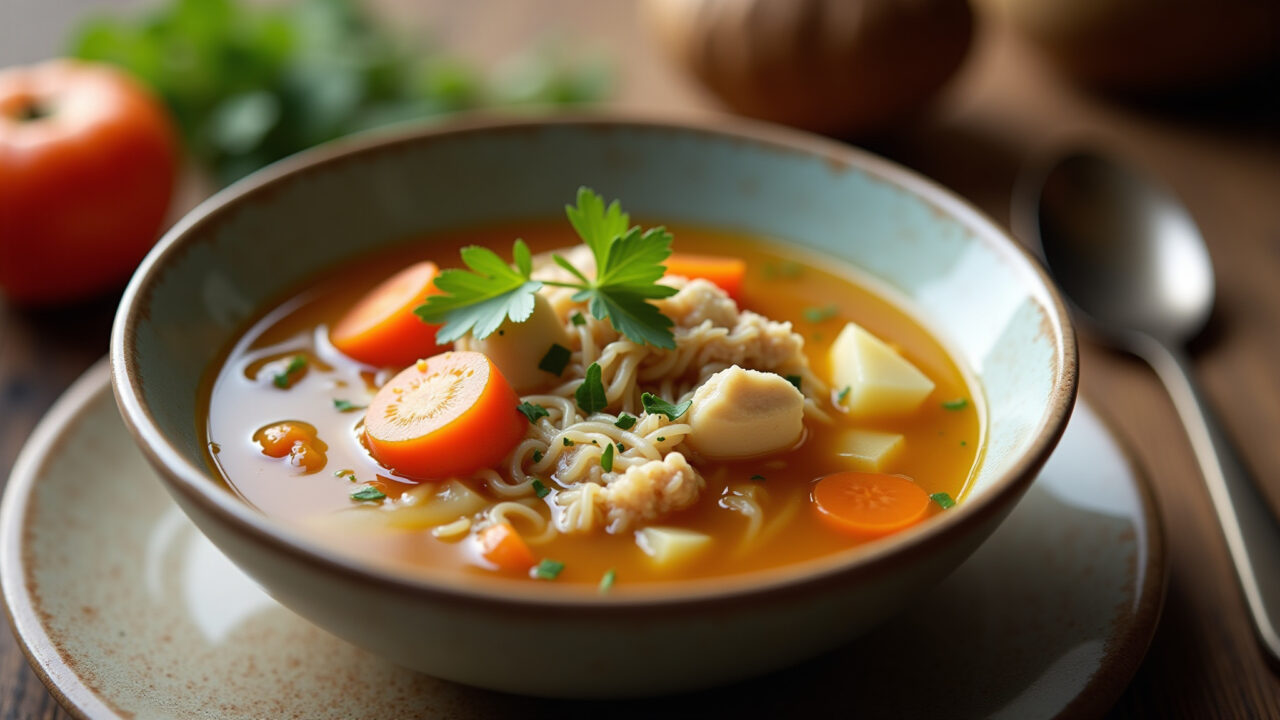 Bowl of chicken soup, carrots, potatoes, noodles, Brazilian herbs, cozy setting, warm light, 8K Sopa de galinha caseira reconfortante.