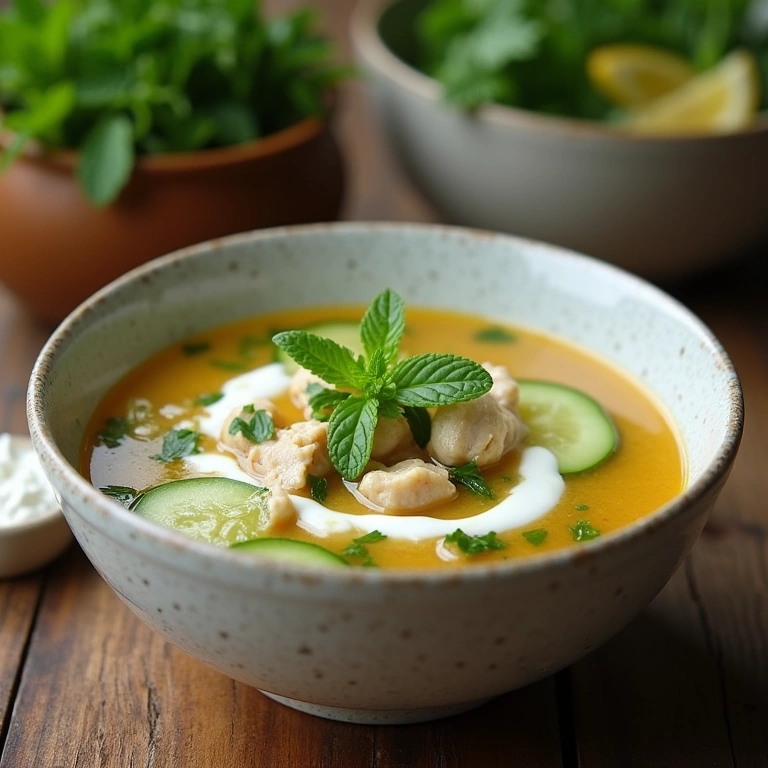 Bowl of cold chicken soup with cucumber and yogurt, garnished with mint, on a rustic wooden table. Sopa fria de frango com pepino e iogurte, refrescante e nutritiva.