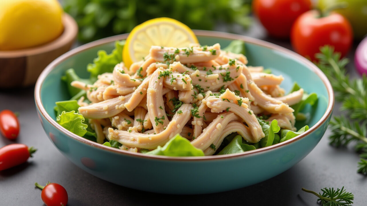Bowl of shredded chicken seasoned with herbs and lemon, fresh salad ingredients around, vibrant Salada fresca com frango desfiado temperado.