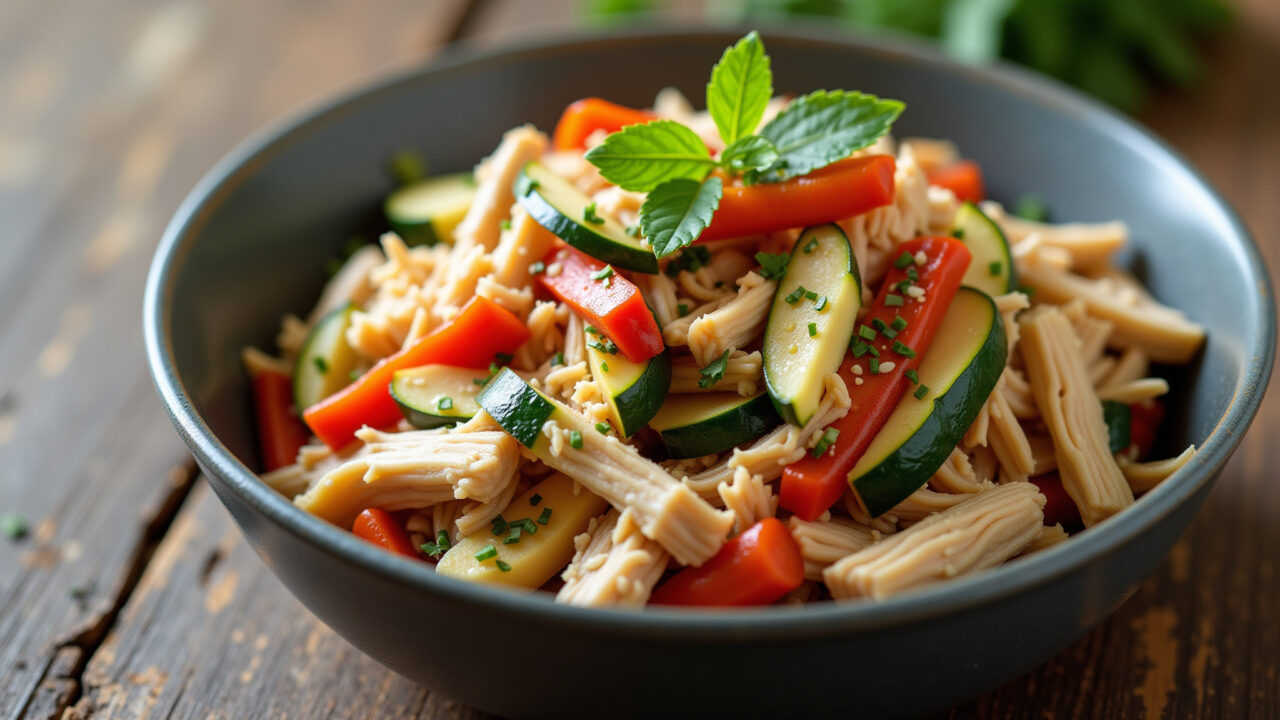 Bowl of shredded chicken with colorful vegetables (carrots, zucchini, bell peppers), herbs, rustic Frango desfiado com legumes frescos.