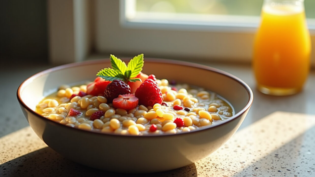 Bowl of warm maizena porridge with fresh fruits and honey, bright morning light, cozy kitchen Mingau de Maizena simples e nutritivo.