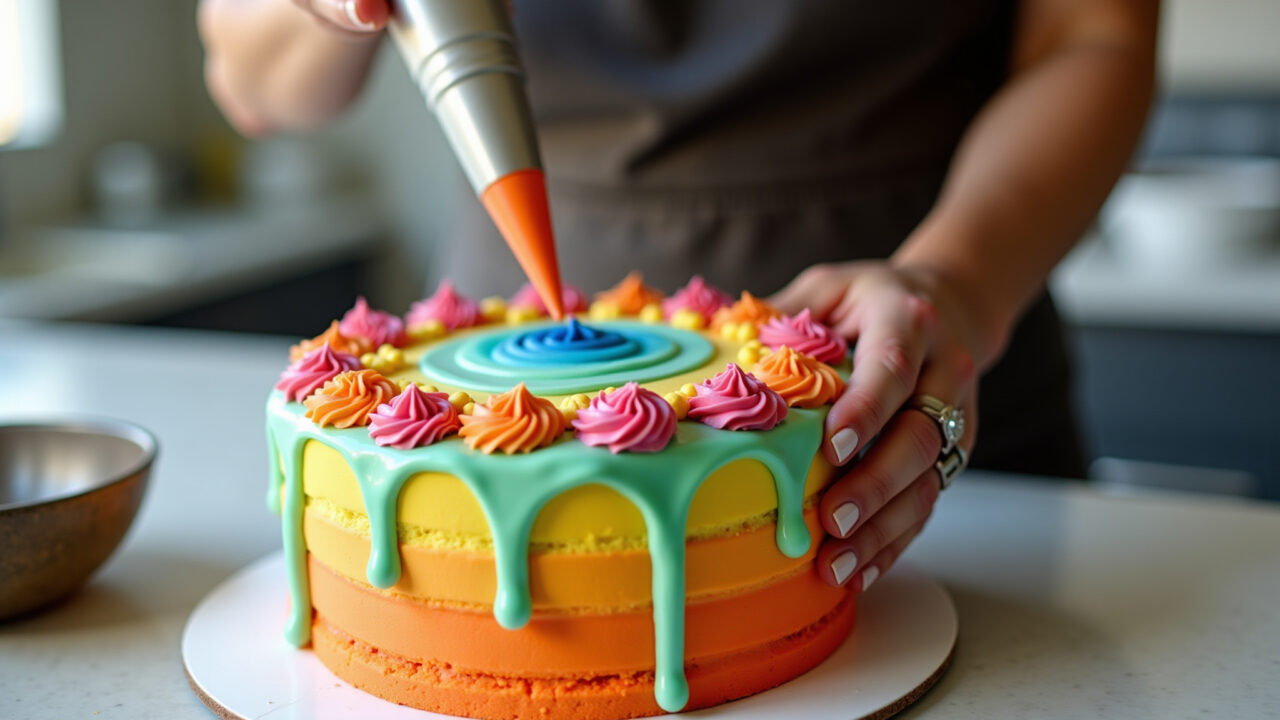 Brazilian baker decorating a vibrant cake with chantininho frosting, using a piping bag. Farm Rio Confeiteira decorando bolo com chantininho colorido.