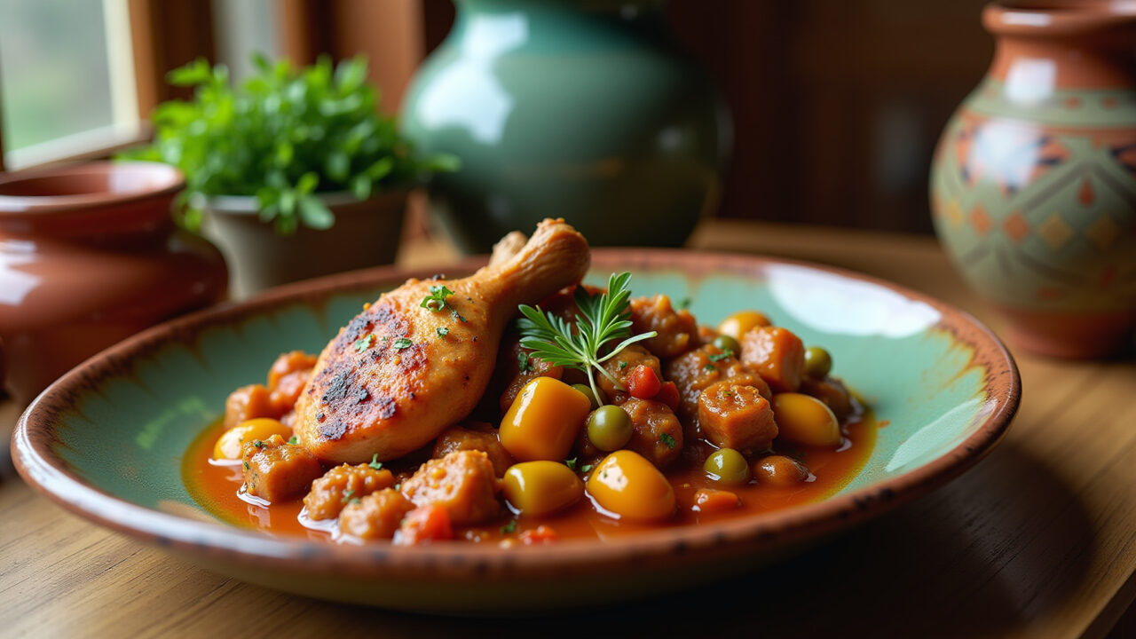 Brazilian chicken with okra stew, rustic pottery, vibrant colors, cozy home setting, natural Frango com quiabo, um clássico brasileiro.