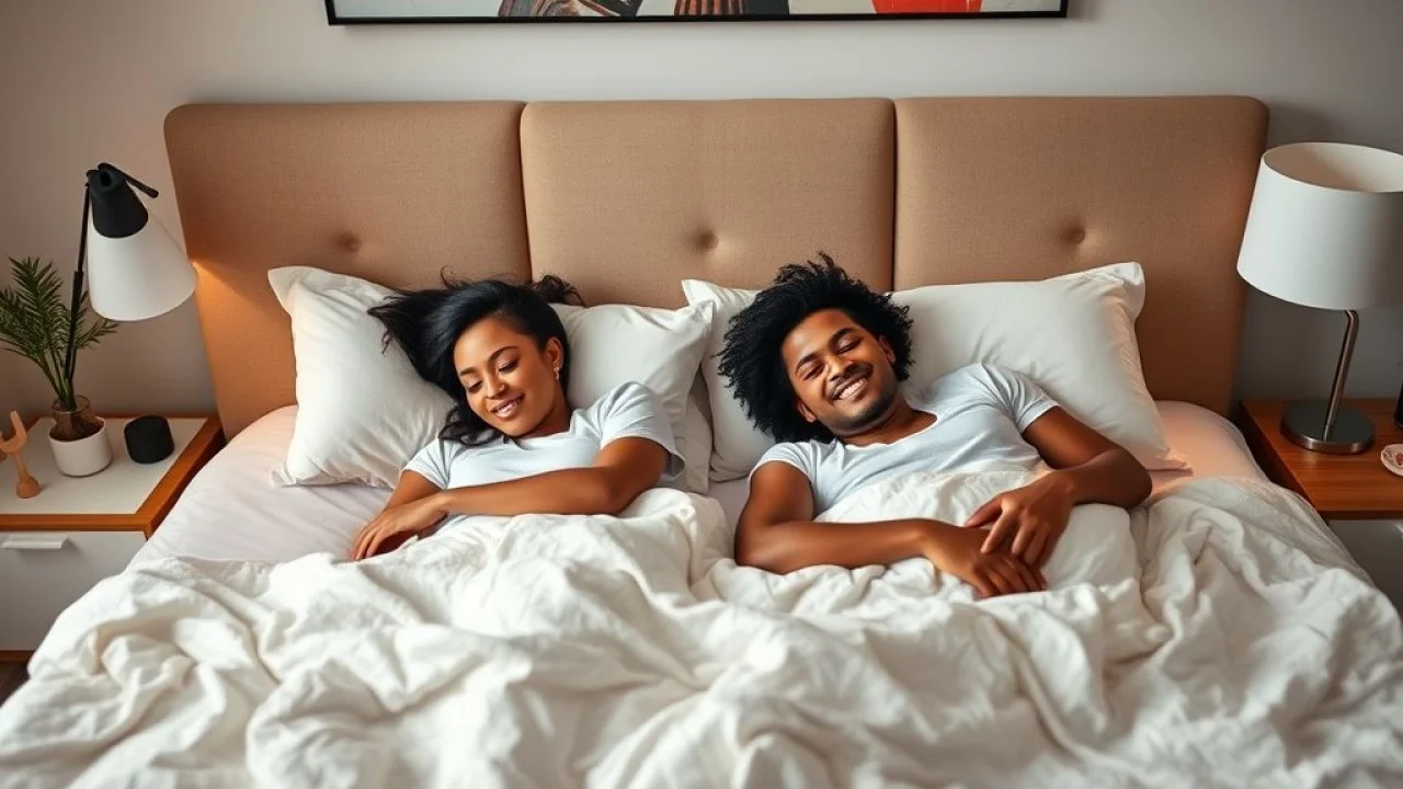 Brazilian couple comfortably sleeping in a queen size bed, soft and warm lighting, inviting bedroom Casal dormindo confortavelmente em uma cama queen size no Brasil. Cama queen, casal, conforto, Brasil.