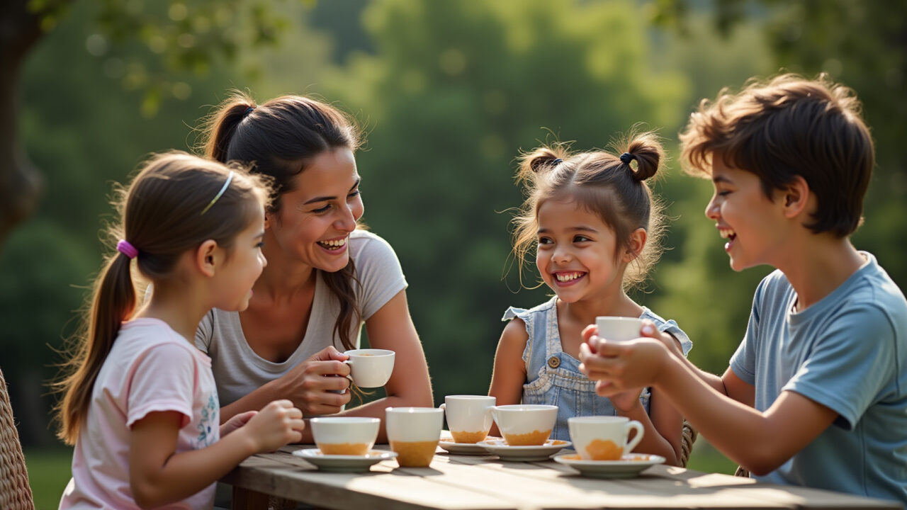 Brazilian family enjoying Oolong tea outdoors, rustic table setting, professional photography, 8K Família brasileira degustando chá Oolong ao ar livre.